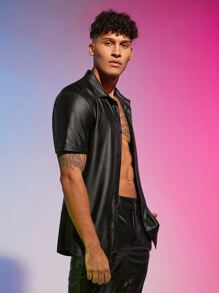 FeverCity Áo sơ mi Nam Nút phía trước màu trơn Đường phố - màu đen - Xem 4