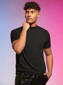 FeverCity Hombres Camiseta unicolor de cuello alto - Negro - Ver 3