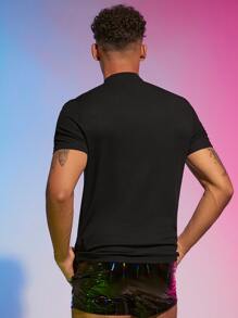 FeverCity Hombres Camiseta unicolor de cuello alto - Negro - Ver 2