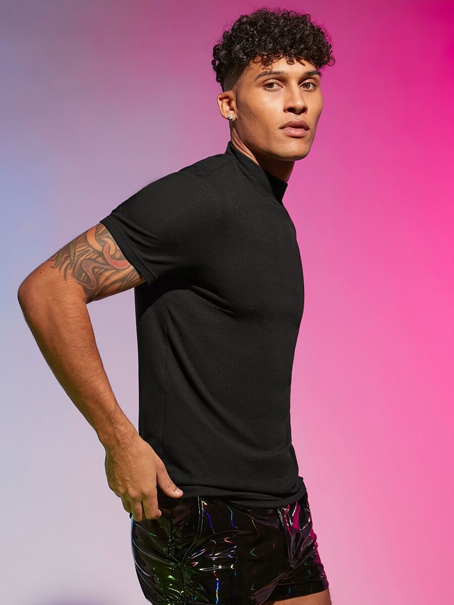 FeverCity Hombres Camiseta unicolor de cuello alto - Negro - Ver 1