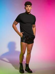 FeverCity Hombres Camiseta unicolor de cuello alto - Negro - Ver 4