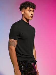 FeverCity Hombres Camiseta unicolor de cuello alto - Negro - Ver 7