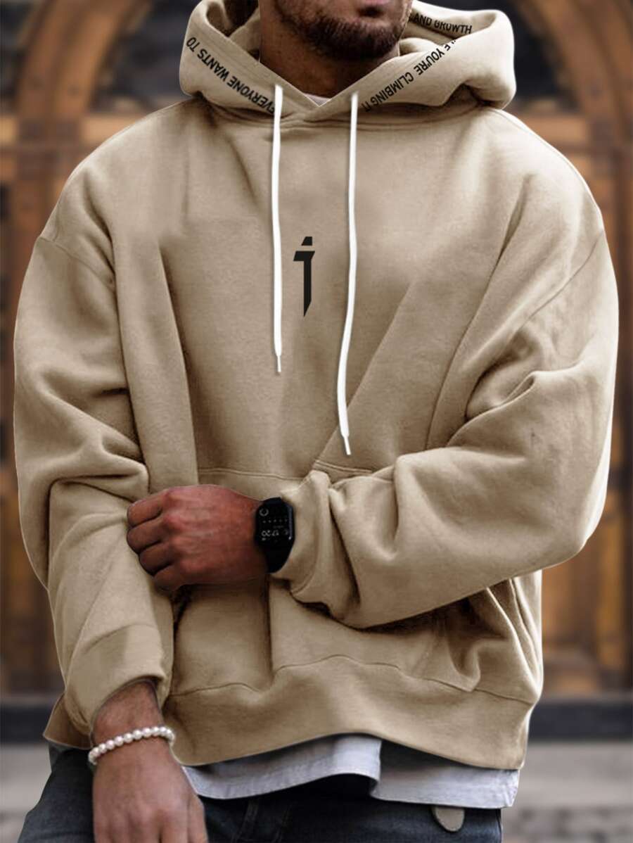 Manfinity Homme Nam Đồ họa Chữ cái Túi kangaroo Dây rút Ngoại cỡ Hoodie - Màu Khaki - Xem 1