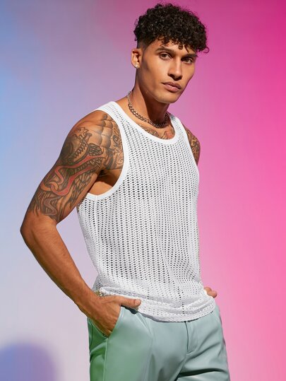 FeverCity Men Solid Hollow Out Sleeveless Tank Top, For Rave, Going Out, Boyfriend Gift