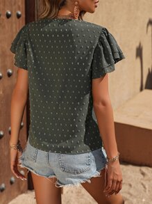 SHEIN LUNE Swiss Dot Butterfly Sleeve Blouse - Dark Green - View 2