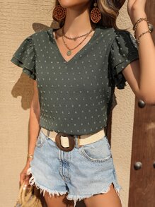 SHEIN LUNE Swiss Dot Butterfly Sleeve Blouse - Dark Green - View 3