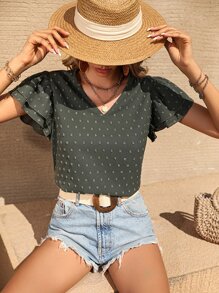 SHEIN LUNE Swiss Dot Butterfly Sleeve Blouse - Dark Green - View 6