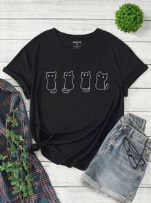 SHEIN LUNE Plus Cartoon Graphic Tee - Black - View 1