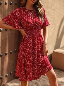 Breezaya Confetti Heart Print Butterfly Sleeve Dress - Red - View 4