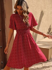 Breezaya Confetti Heart Print Butterfly Sleeve Dress - Red - View 5