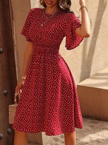 Breezaya Confetti Heart Print Butterfly Sleeve Dress - Red - View 6