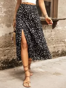 SHEIN VCAY Allover Print Split Thigh Skirt - Black - View 1