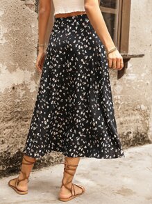 SHEIN VCAY Allover Print Split Thigh Skirt - Black - View 2