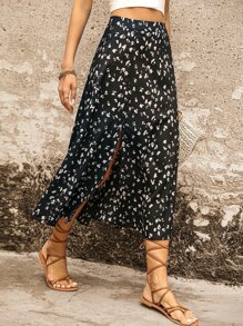 SHEIN VCAY Allover Print Split Thigh Skirt - Black - View 3