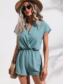 SHEIN LUNE Swiss Dot Surplice Neck Batwing Sleeve Romper - Mint Blue - View 4