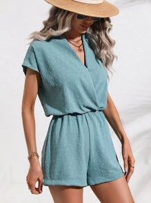 SHEIN LUNE Swiss Dot Surplice Neck Batwing Sleeve Romper - Mint Blue - View 1