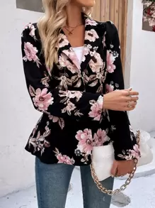 EMERY ROSE Floral Print Puff Sleeve Peplum Blazer Fall Cloth For Women - Black - View 1