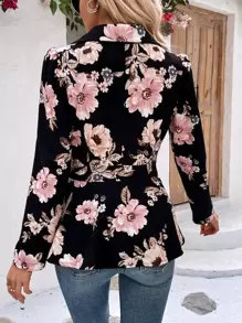 EMERY ROSE Floral Print Puff Sleeve Peplum Blazer Fall Cloth For Women - Black - View 2