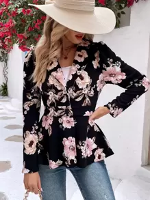 EMERY ROSE Floral Print Puff Sleeve Peplum Blazer Fall Cloth For Women - Black - View 4