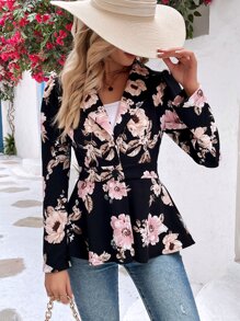EMERY ROSE Floral Print Puff Sleeve Peplum Blazer Fall Cloth For Women - Black - View 5