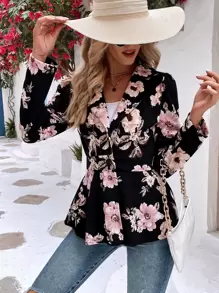 EMERY ROSE Floral Print Puff Sleeve Peplum Blazer Fall Cloth For Women - Black - View 6