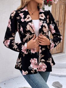 EMERY ROSE Floral Print Puff Sleeve Peplum Blazer Fall Cloth For Women - Black - View 7