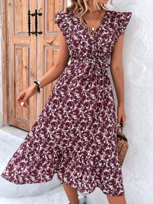 SHEIN VCAY Vestido con cinturón con estampado floral bajo con fruncido - Rojo - Ver 1