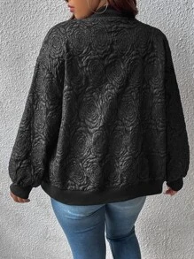 SHEIN Franclia Plus Floral Jacquard Drop Shoulder Bomber Jacket - Black - View 2