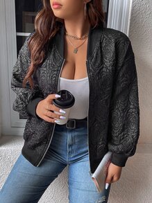 SHEIN Franclia Plus Floral Jacquard Drop Shoulder Bomber Jacket - Black - View 3
