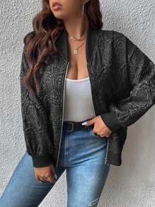 SHEIN Franclia Plus Floral Jacquard Drop Shoulder Bomber Jacket - Black - View 4
