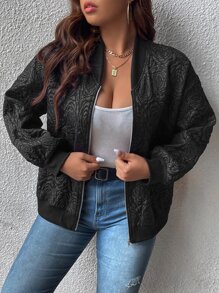 SHEIN Franclia Plus Floral Jacquard Drop Shoulder Bomber Jacket - Black - View 6
