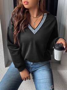 SHEIN Clasi Plus Contrast Glitter Tape Drop Shoulder Sweatshirt - Black - View 1
