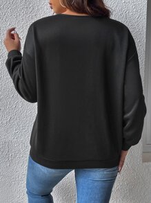 SHEIN Clasi Plus Contrast Glitter Tape Drop Shoulder Sweatshirt - Black - View 2