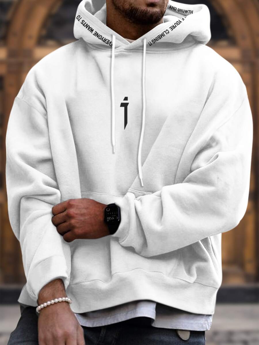 Manfinity Homme Men's Loose Hoodie With Letter Graphic, Kangaroo Pocket And Drawstring - White - View 1