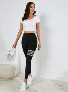 SHEIN Essnce Leopard Print High Waist Leggings - Black - View 3