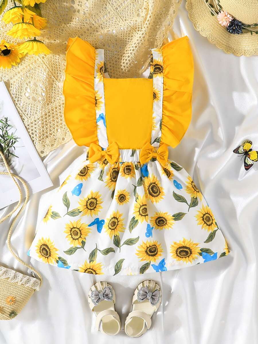 Toddler Girls Floral Print Ruffle Trim Bow Front Pinafore Dress - Multicolor - View 1