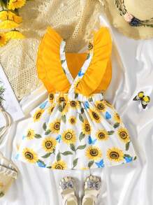 Toddler Girls Floral Print Ruffle Trim Bow Front Pinafore Dress - Multicolor - View 2