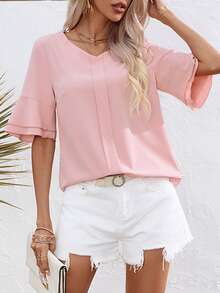 SHEIN LUNE Flounce Sleeve Solid Blouse - Baby Pink - View 3