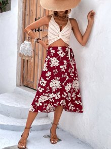 SHEIN VCAY Falda cruzada con estampado floral bajo con fruncido con nudo lateral - Rojo - Ver 1