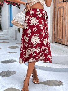 SHEIN VCAY Falda cruzada con estampado floral bajo con fruncido con nudo lateral - Rojo - Ver 3