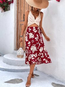 SHEIN VCAY Falda cruzada con estampado floral bajo con fruncido con nudo lateral - Rojo - Ver 4