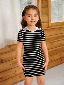 SHEIN Young Girl Striped Cut Out Dress - Black - View 5