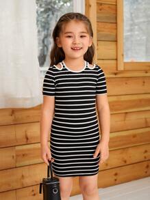 SHEIN Young Girl Striped Cut Out Dress - Black - View 6