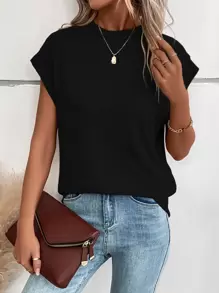 SHEIN LUNE Solid Batwing Sleeve Tee - Black - View 3