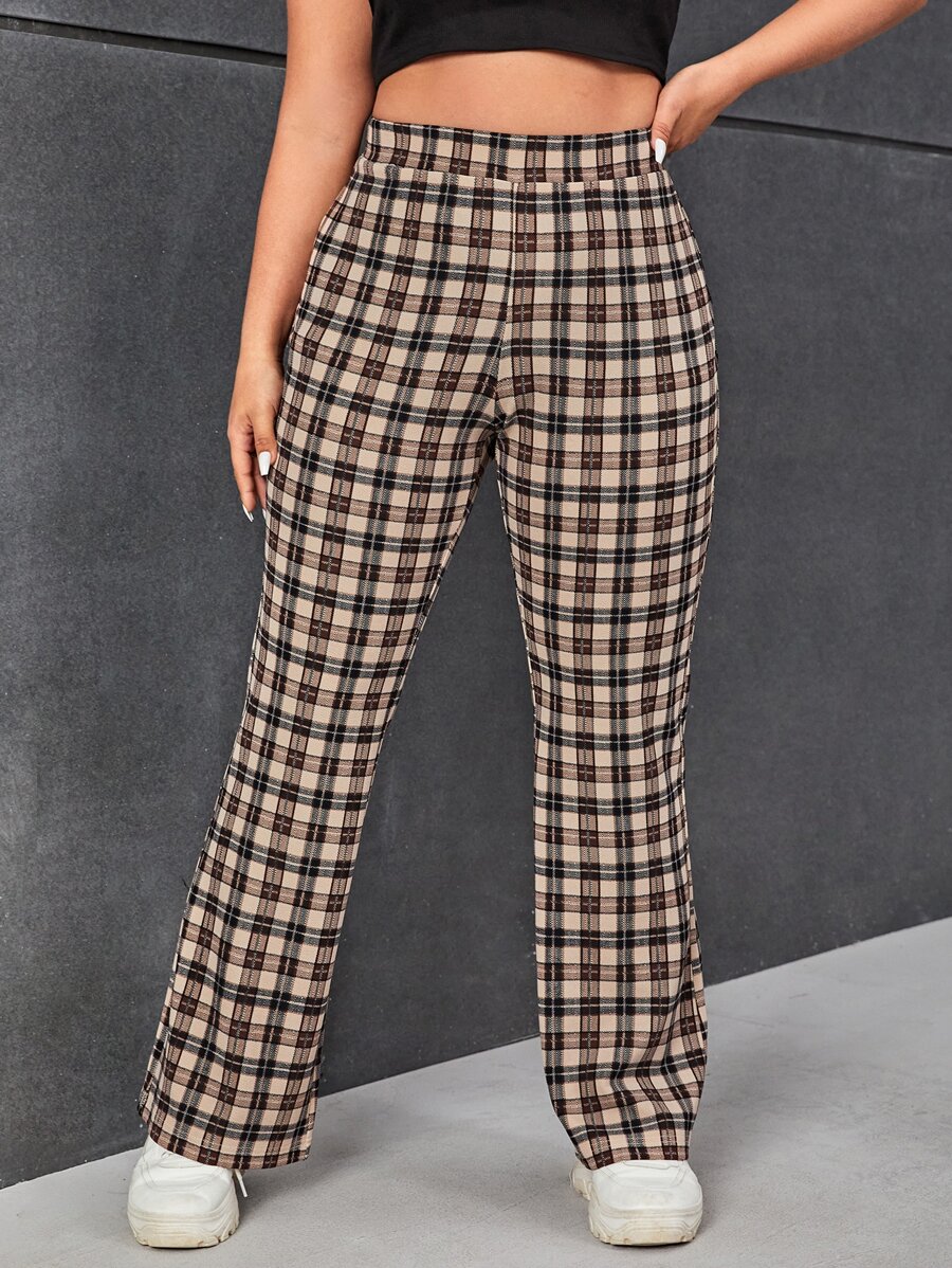 SHEIN EZwear 大碼格紋印花喇叭褲