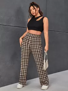 SHEIN EZwear 大碼格紋印花喇叭褲