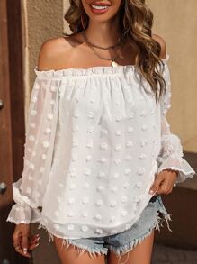 SHEIN LUNE Swiss Dot Off Shoulder Frill Trim Flounce Sleeve Blouse - White - View 1