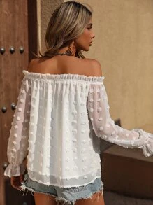 SHEIN LUNE Swiss Dot Off Shoulder Frill Trim Flounce Sleeve Blouse - White - View 2