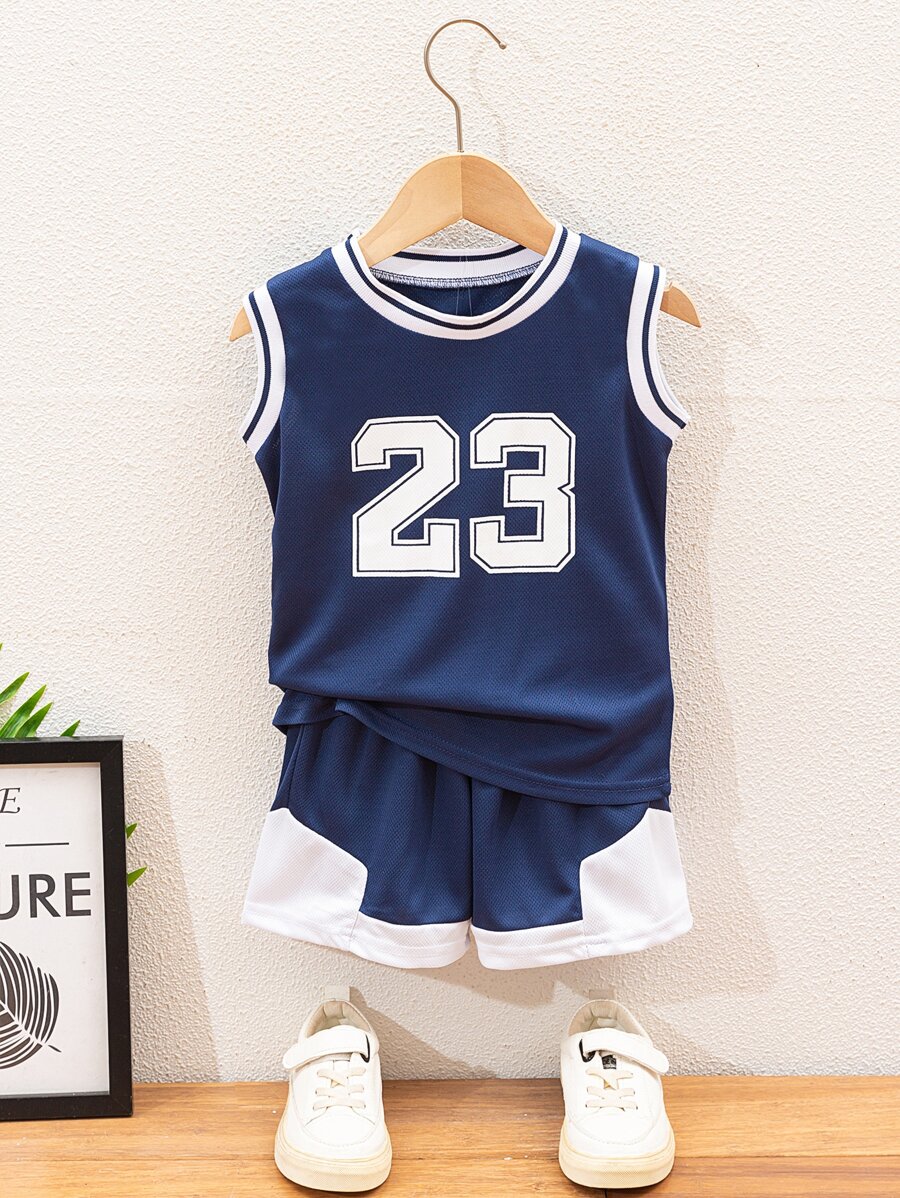 SHEIN Young Boy Letter Graphic Tank Top & Track Shorts, School, Campus, College Summer Holiday