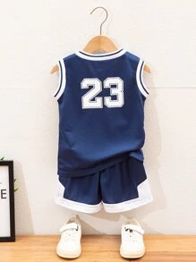 SHEIN Young Boy Letter Graphic Tank Top & Track Shorts, School, Campus, College Summer Holiday